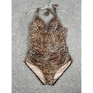 Victoria's Secret One Piece Leopard Print Ruched Halter Swimsuit Tan Black Sz XL